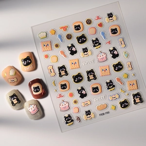 3D embossed nail art stickers featuring cute black bears and sweet dessert designs