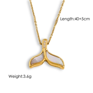 Handmade gold dolphin tail necklace with mother of pearl inlay and sparkling zircon stones
