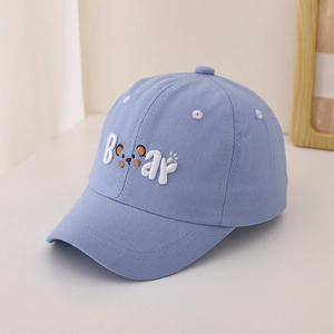 Detailed embroidery of Bear text and cartoon paw on light blue kids baseball cap