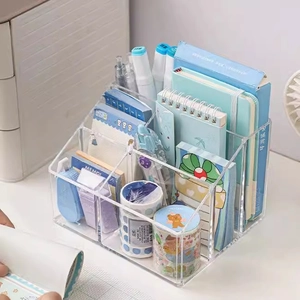 Multi-compartment clear acrylic desk organizer with stationery storage compartments