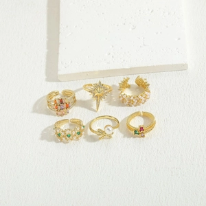 Group of luxury 14K gold plated rings with pearls, colored gems and zircon stones