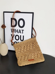 Summer hollow paper rope woven crossbody bag with brown leather strap in khaki