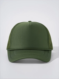Detail view of military green mesh trucker hat with sponge front and reinforced visor