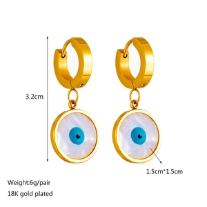 Classic 18K gold plated evil eye drop earrings with white shell texture and blue center