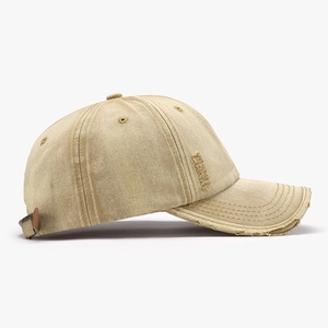 Retro washed khaki baseball cap with distressed details and adjustable metal buckle back