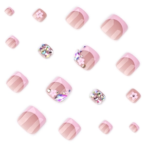 Short square pink French press-on toe nails with 3D handmade flowers and rhinestones