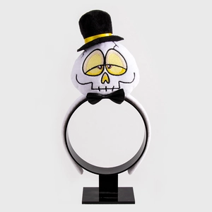 Halloween skeleton plush headband with a black top hat and yellow eyes embroidery