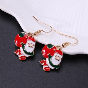 Festive Santa Claus dangle earrings with red gift bag and golden metal hooks