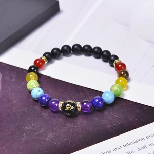 Chakra energy bracelet with colorful natural stones and golden mantra beads