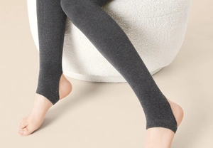 Detailed close-up of dark grey ribbed leggings with stirrup design for winter warmth