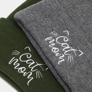 Dark green and gray Cat Mom embroidered beanies for women in warm knit fabric