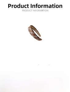Macro view of brown retro plaid fabric headband with size and weight specifications
