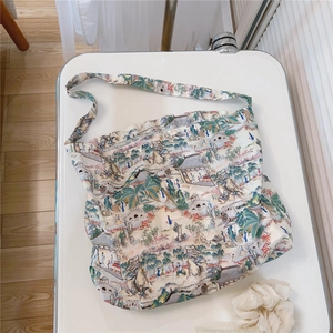 Detail of printed canvas tote bag featuring traditional Chinese landscape painting patterns