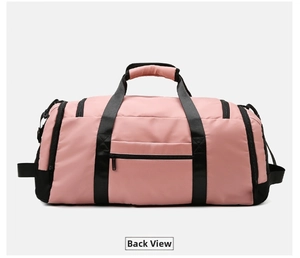 Back view of pink waterproof travel bag showing the horizontal zipper pocket and black straps