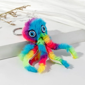 Porte-clés poulpe en peluche arc-en-ciel coloré avec fourrure douce pour sacs