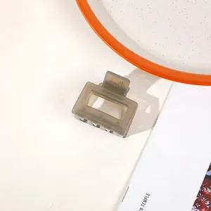 Top view of a translucent gray rectangular claw clip on a decorative white ceramic plate