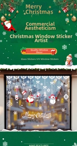 Detail view of UV printed Santa and Snowman Christmas window static stickers for glass decor