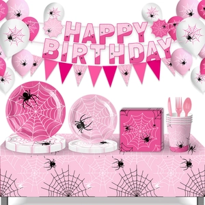 Pink spider web party set with Happy Birthday banner, plates, cups and tableware