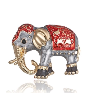 Grey and red enamel elephant brooch with gold accents and rhinestones in variant style