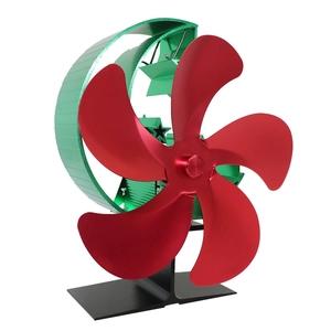 Detail of red 5-blade heat powered stove fan with star-patterned green safety frame