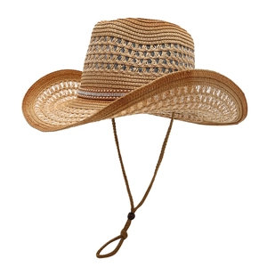 Brown woven straw cowboy hat with decorative leather belt and adjustable chin strap