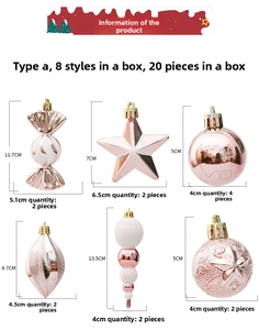 Detailed size chart for 20-piece pink and white Christmas ornament set with diverse shapes