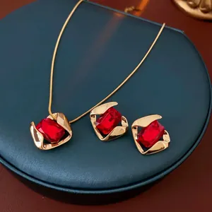 Retro Geometric Square Glass Crystal Necklace And Earrings Alloy Titanium Steel Gold Tone With Silver Earring Post
