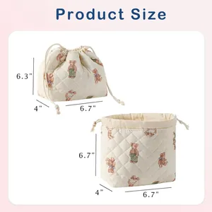 Detailed size chart showing dimensions for bear quilted makeup and travel storage bag