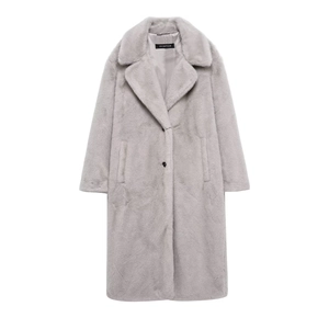 Macro shot of silver-grey faux fur texture and lapel collar on a women's long coat