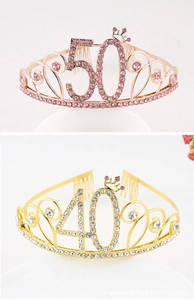 Detail showing crystal rhinestone birthday crowns with numbers 40 and 50 and side combs