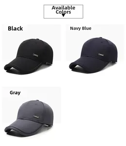 Detailed view of casual baseball caps in black, navy blue, and grey with metal CHINA logo