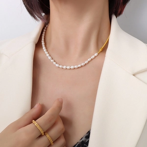 18K gold plated titanium steel chain necklace with pearls and matching gold rings