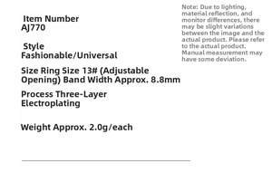 Detailed spec sheet for adjustable gold-plated enamel ring with 8.8mm width and 2g weight