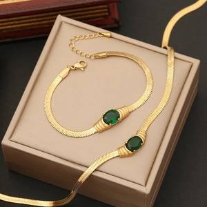 Gold stainless steel snake chain necklace and bracelet set with emerald green stones