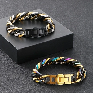 Detail of hip hop Cuban link bracelets in tri-color polished metal on matte display