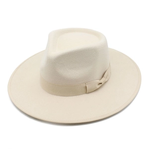 Elegant cream wool fedora hat with wide brim and decorative ribbon bow for women