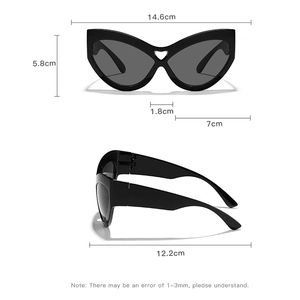 Detailed size chart of oversized cat eye sunglasses with heart hollow bridge