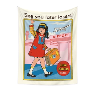 Dettaglio di un arazzo retrò con ragazza in aeroporto e scritta vintage See you later