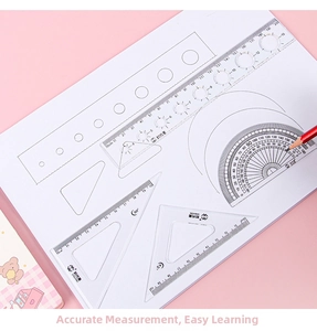 Detailed view of a 4-piece clear plastic ruler set including protractor and triangles