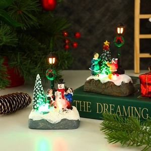 Luminous Christmas resin house with snowman, warm LED street light and colorful trees
