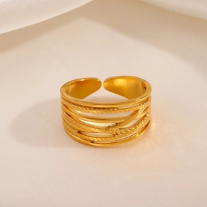 18K gold plated stainless steel multi-layer woven ring with adjustable open band for women