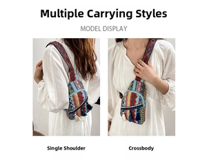 Ethnic style woven chest bag with colorful tassels shown in shoulder and crossbody positions