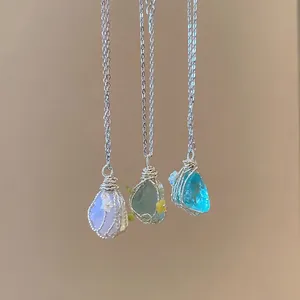 Irregular Natural Stone Pendant Necklace Stainless Steel Wire Wrapped Handmade Mori Style Forest Jewelry For Women