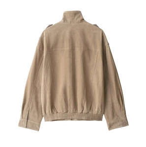Back view of brown suede jacket with shoulder epaulettes and elasticated hem on white background