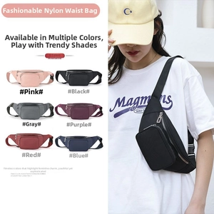 Detailed comparison of six colors for this waterproof nylon waist bag with model view