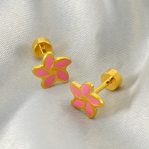 Pink enamel flower stud earrings in 18k gold plated stainless steel with screw backs