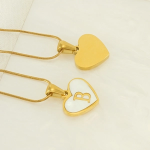 Minimalist 18K gold plated stainless steel heart necklace with letter B shell inlay