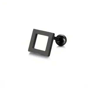 Macro detail of black square titanium stud earring with secure screw-back ball closure