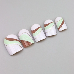 Short square press-on nails with green and brown wave patterns and gold line accents