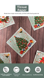Detail of Christmas tree napkins made of premium wood pulp on dark wooden table
